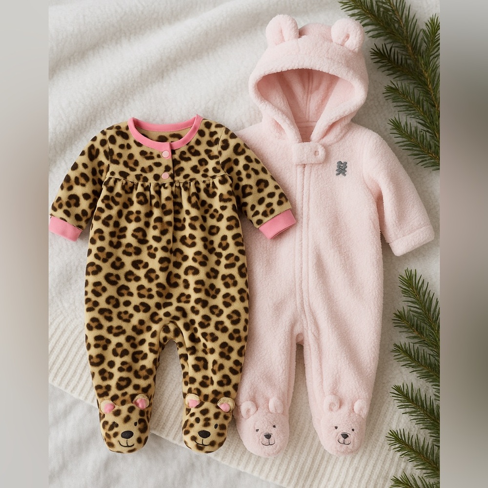 Carter’s Baby Bundle –Pink Teddy Pram Suit & Leopard Print Sleeper 3 Months NWOT